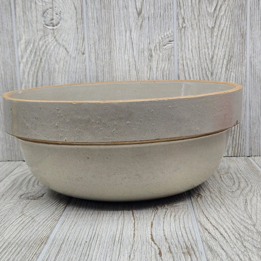 Antique Stoneware Mixing Bowl 11 Inch Grey Salt Glaze Primitive Farmhouse Crock
